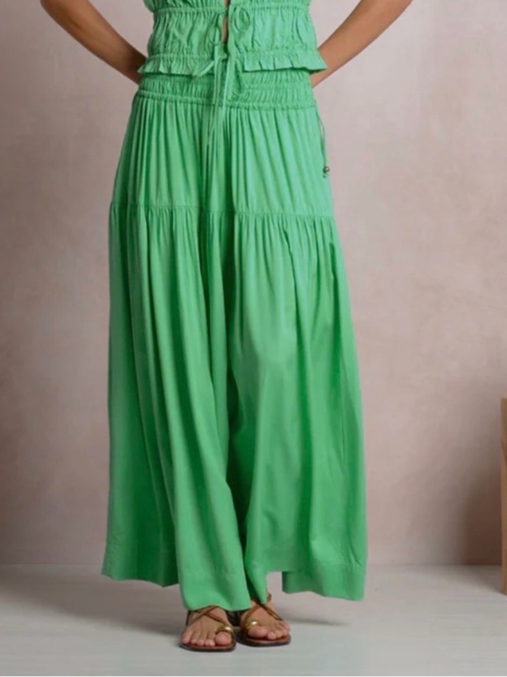 Elan Rory Tiered Green Smocked Waist Maxi Skirt Size M